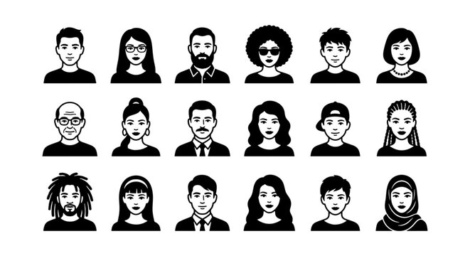 Diverse People Icons Set, Modern Avatars Collection, Minimalist User Profiles, Black and White Graphic Elements for Web and App Design