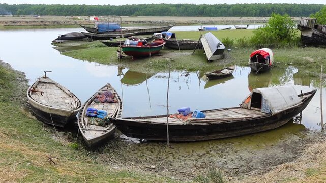 Some wooden fishing boats waiting at Char Kukri Mukri Island also union, at Bhola District.