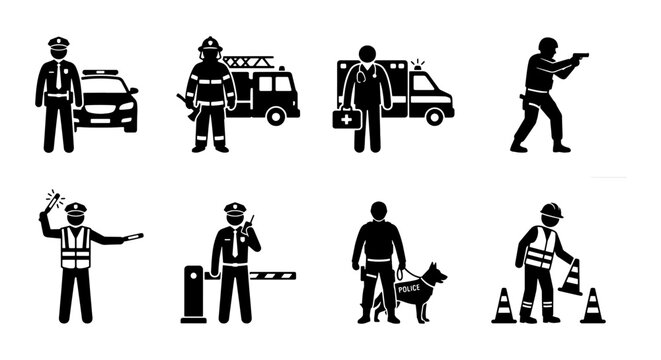 Emergency Services and Safety Icons: Police, Firefighter, Paramedic, Security, Traffic Control, K9 Unit, Vector Set