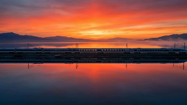 High-Speed Train Crossing a Lake at Sunset