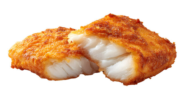Crispy fried fish fillet with golden crunchy coating and flaky white interior, isolated on white background.
