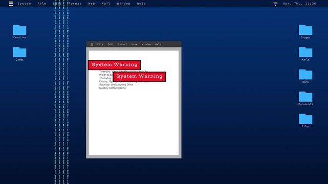 Computer screen with cyber crime warning signs, unauthorizes access, virus detected and illegal download, system hacked. Computer crime, spyware, identity theft, data breach, network security, privacy