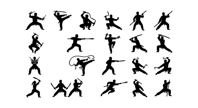 Martial Arts Silhouettes Collection, Dynamic Warrior Poses, Ninja Fighter Action, Samurai Combat, Karate Kick, Kung Fu Stance, Vector Art