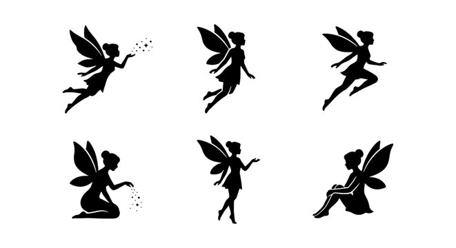 Whimsical Fairy Silhouettes Collection, Enchanting Winged Sprites Vector Set, Magical Fantasy Characters for Design