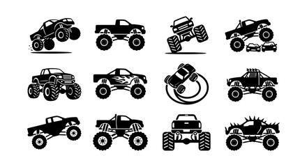 Monster Truck Vector Icons Set, Off-Road Vehicle Graphics, Extreme Sports Trucks Collection, Powerful Pickup Truck Designs © Tanvir