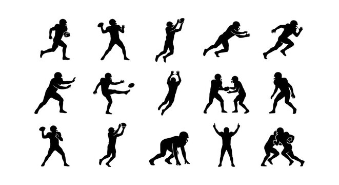 American Football Player Silhouettes, Dynamic Action Poses, Sports Vector Icons Set for Athletic Design and Game Promotion