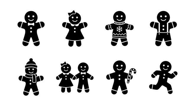 Gingerbread Man Icons, Festive Christmas Characters, Holiday Cookie Silhouettes, Vector Set for Seasonal Design