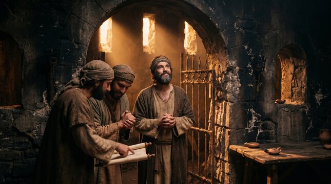 Biblical scene of Jesus Christ and his disciples studying a sacred scroll in an ancient stone dungeon with heavenly light rays in Jerusalem.