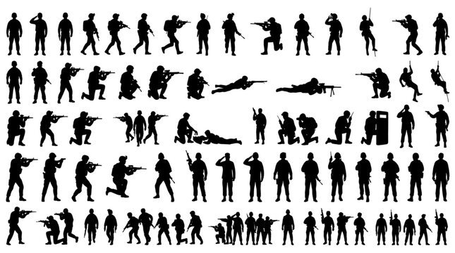 Military Soldier Silhouettes Mega Pack, Tactical Combat Poses Graphic Resource Vector Set.eps