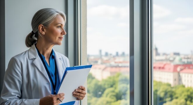 Mature female doctor or scientist looking out window with clipboard in hand thinking about medical research or healthcare