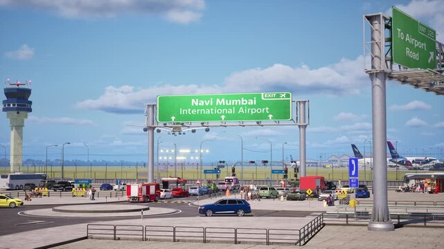 Lands Aircraft and Busy Roadway Entrance Highway Sign
