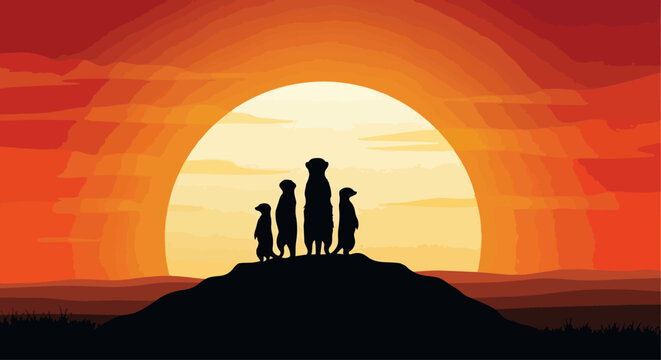Meerkats silhouette against sunset in the African savanna