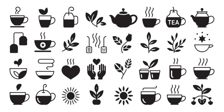 Assorted tea themed icons including cups pots tea bags and leaves suitable for various design needs.