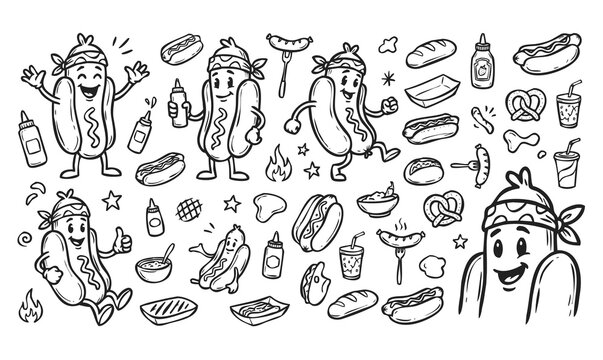 Vector doodle set of hotdog mascots with street food elements. Hand-drawn black line art collection of fast food characters and icons isolated on a light background.