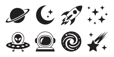 Set of vector space exploration icons featuring planets rocket ship star galaxy ufo astronaut helmet on transparent. © Moni