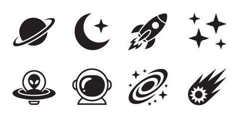 Space and astronomy icon set with planets moon rocket ship stars alien ufo astronaut helmet and galaxy. © Moni