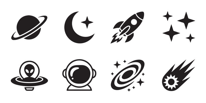 Space and astronomy icon set with planets moon rocket ship stars alien ufo astronaut helmet and galaxy.