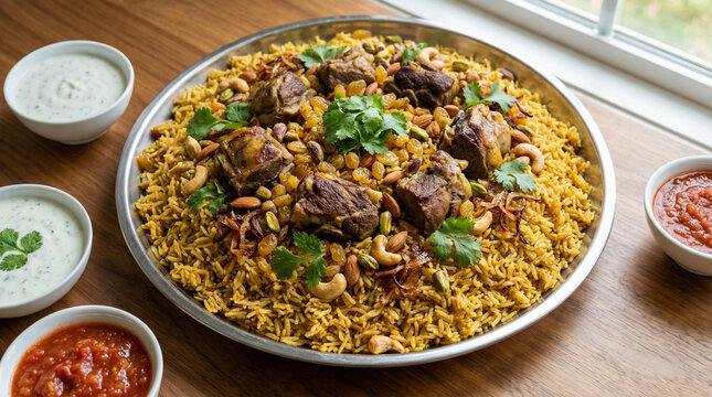 spiced kabsa rice with raisins nuts and roasted meat