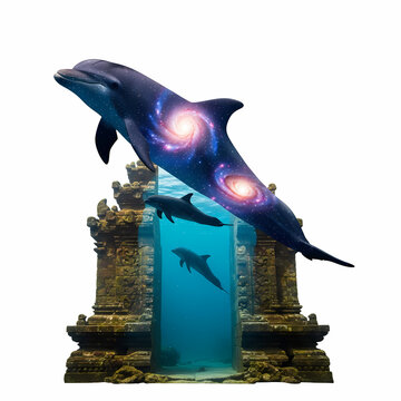 Cosmic Dolphin Emerging from Underwater Temple, Fantasy, Surreal, Galaxy, Spiritual