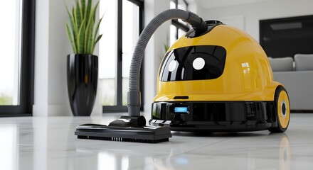 Fototapeta premium Modern yellow canister vacuum cleaner on bright marble floor in a luxury living room.