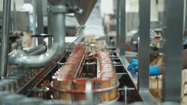 Close-up, automated conveyor belt machine with sardine fish in tomato sauce, filling in can, prepared for instant food production industry, sterile hygiene warehouse, manufacturing factory process.