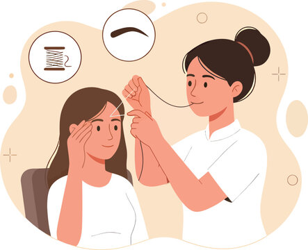 Aesthetician threading a client's eyebrows with a thin thread to achieve a perfect shape for beauty and grooming