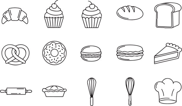 Baking Icons, Pastry Symbols, Vector Kitchen Illustrations