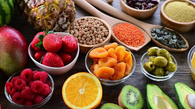 Food products representing the vegan diet. Veganism.