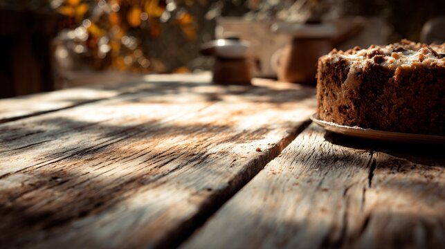 Wooden surface with cake placed partially outside the frame, only a portion visible, suggesting continuation beyond edges, natural light