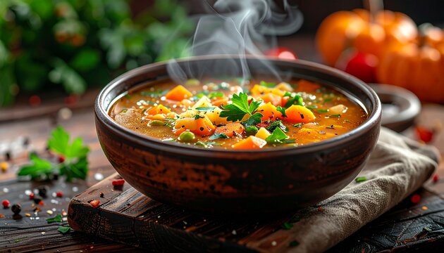 Rustikale Gem&uuml;sesuppe auf Holzhintergrund