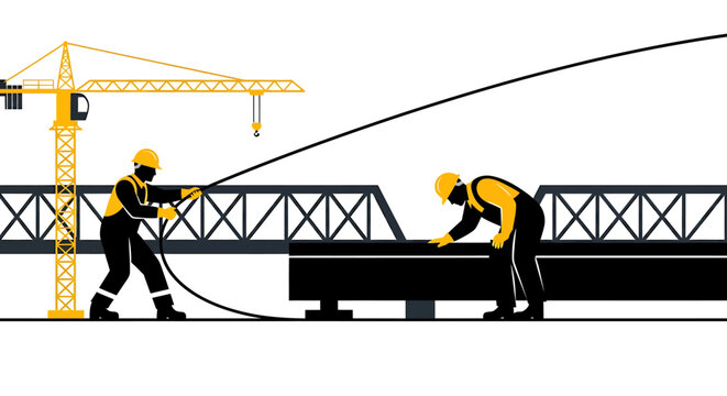 Construction workers building a bridge with crane.