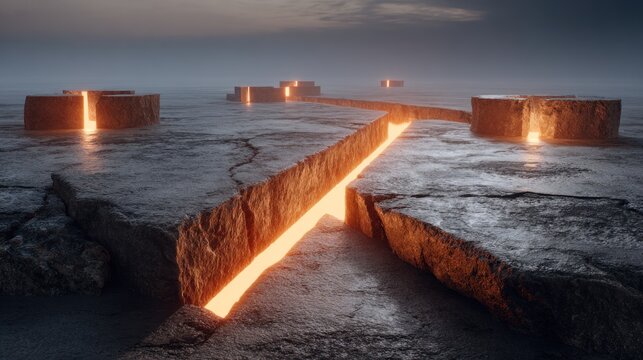 Surreal Landscape with Glowing Lava Bridge and Circular Structures.
