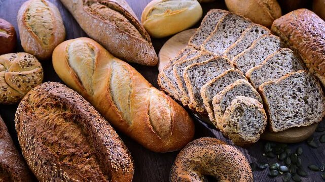 Assorted bakery products including loaves of bread and rolls.