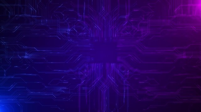 Purple circuit board core background blue magenta electronic lines, central chip space, neon technology pattern. AI videos, cyber intros, hardware promos, software screens, futuristic overlays.