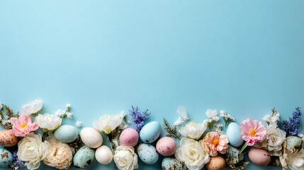 Obraz premium Baby blue pastel background with flowers and eggs forming a thin border along the bottom, top area empty, high-key stock style