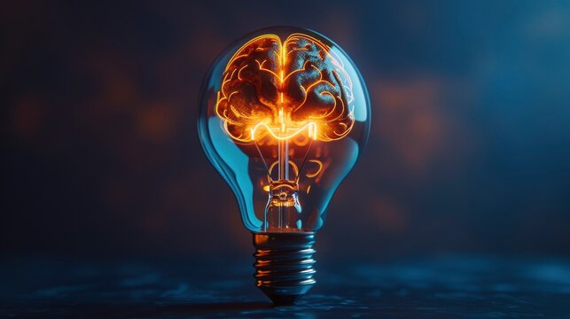 Human brain lightbulb glowing in dark moody studio with cinematic lighting macro shot for technology marketing