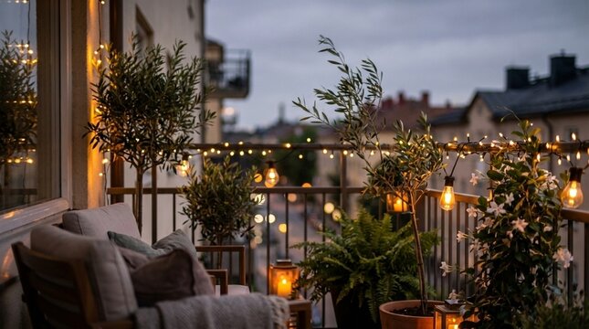 Cozy balcony lounge with potted plants and warm string lights at dusk, soft cushions and lantern glow create a calm inviting mood, ideal for home outdoor living