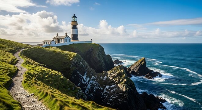 Scenic coastal view of the iconic Rathlin West Light lighthouse in Northern Ireland.