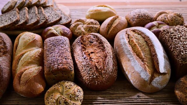 Assorted bakery products including loaves of bread and rolls.