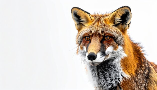 Close-up of a fox's head, fur ablaze with orange and brown, against a white backdrop