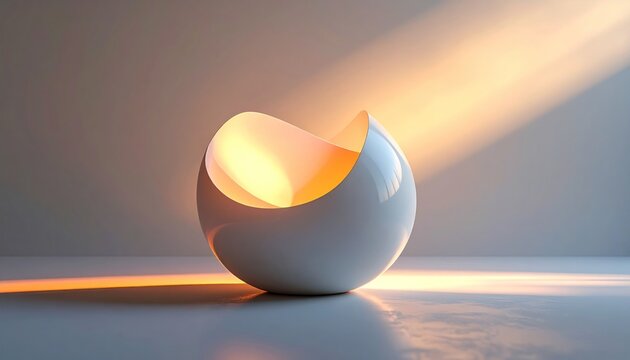 A glossy white, egg-shaped sculpture lit from within by golden light, on a gray surface