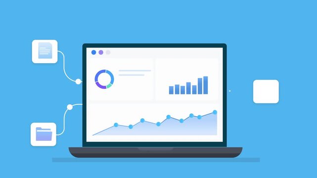 Animated flat illustration of a laptop displaying analytics charts with connected file and image elements, representing data visualization and digital workflow technology.