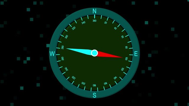 Compass ring animation with digital pixel particles. Compass ring futuristic map navigation. Compass ring technology location tracking graphic on black.