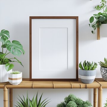 green plant in a window, Scandinavian room interior with mock up photo frame on the brown bamboo shelf with beautiful plants in differents hipster and design pots. White walls. Modern and floral conce