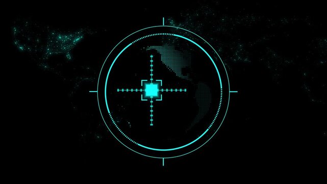 Digital globe animation with cyan neon target. Digital globe global network connectivity. Digital globe international data tracking graphic on black background.