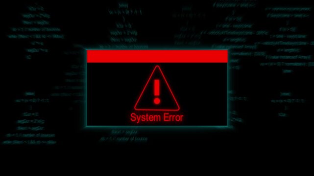 System frame animation with red error alert bar. System frame software development interface. System frame technology monitor display graphic on black background.