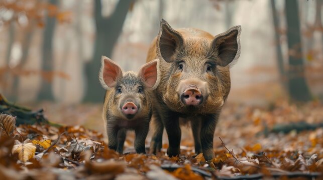 Forest sow and offspring exploring leaf-covered woodland floor in cinematic eye-level photography for natural history publication