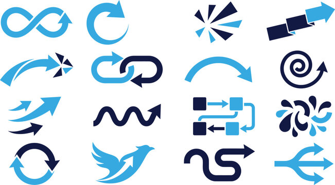 Set of arrow and directional icons symbolizing movement progress and direction.