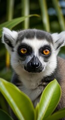 Fototapeta premium Ringtailed Lemur with Big Orange Eyes Gazing Out