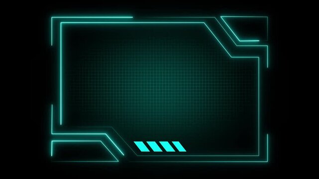 Geometric frame animation with teal neon grid. Geometric frame futuristic hud interface. Geometric frame technology display graphic on black background.